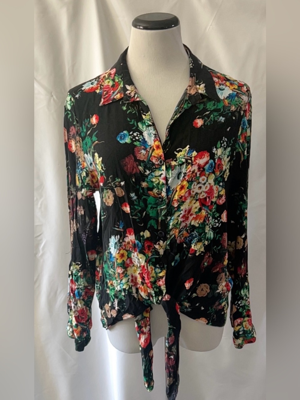 Alberto Makali Black Multi Floral Botanical Tie Front Button Down Blouse XL